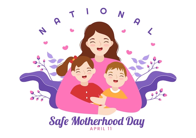 National Safe Motherhood Day op 1 april Illustratie met zwangere moeder en kinderen voor webbanner