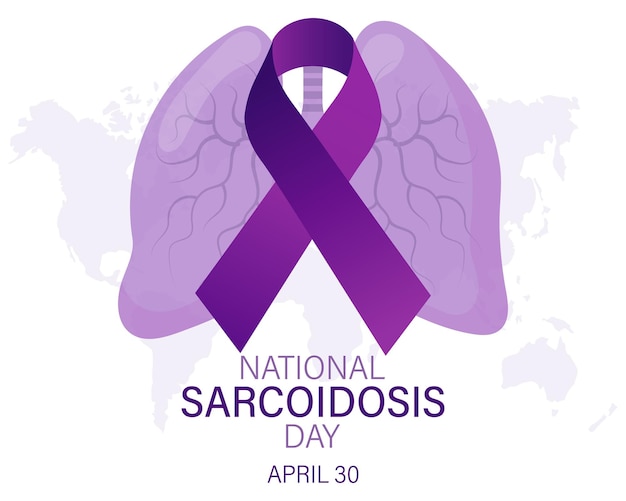 Национальный день саркоидоза 30 апреля Пурпурная лента осведомленности и человеческие легкие Баннерный плакат