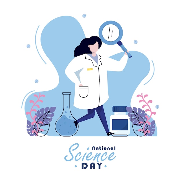 National science day vector banner, woman scientist illustration