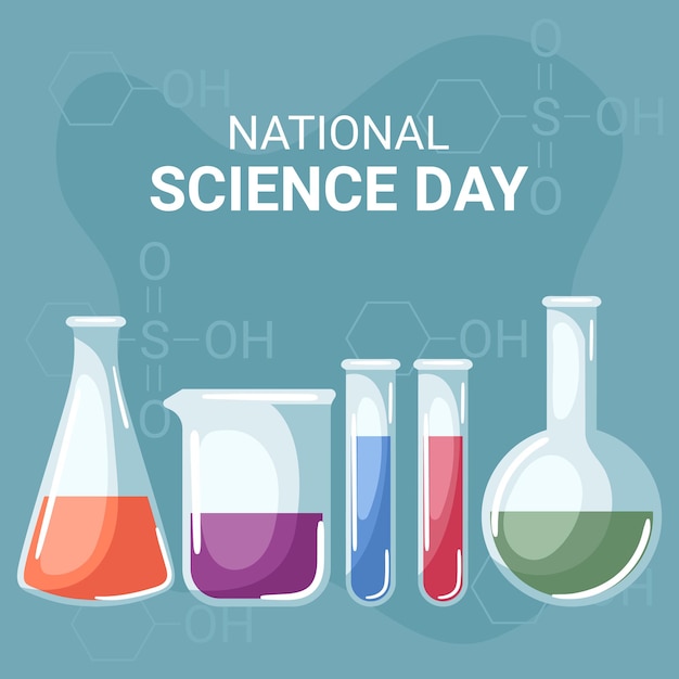national science day with erlenmeyer flask, beaker, test tubes and volumetric flask