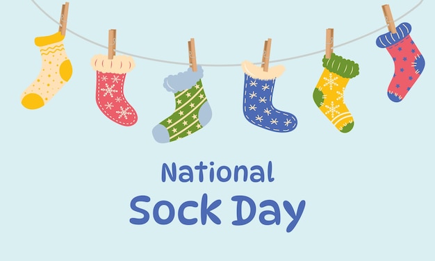 Национальный день носков различные типы красочных шерстяных носков, висящих на бельевой веревке с прищепками