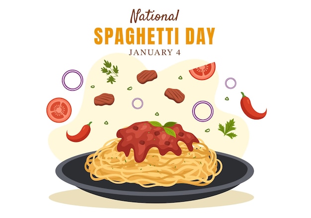 イラストでイタリアの麺やパスタのさまざまな料理のプレートと全国スパゲッティの日