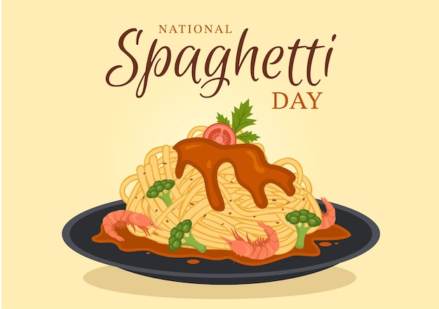 イラストでイタリアの麺やパスタのさまざまな料理のプレートと全国スパゲッティの日