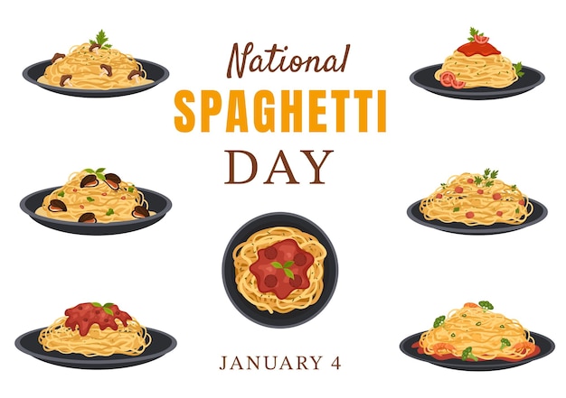 National Spaghetti Day with a Plate of Italian Noodles or Pasta Different Dishes in Illustration