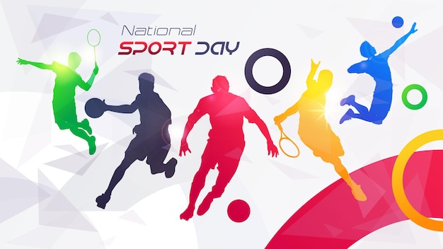 Вектор Национальный спортивный фон. динамичный фон празднования дня спорта с футболистами.