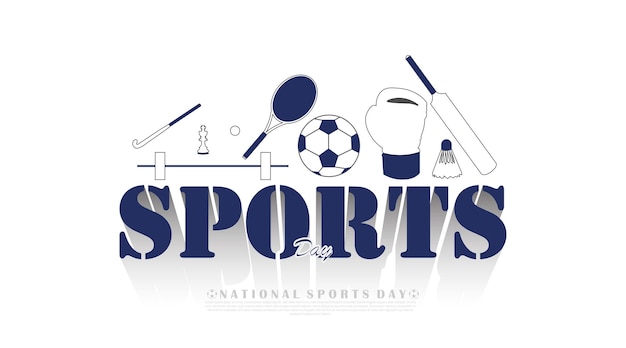 Giornata nazionale dello sport design isolato di hockey, badminton, mazza da cricket, calcio, sollevamento pesi