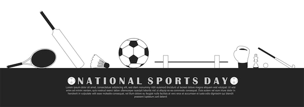 Giornata nazionale dello sport design isolato di hockey, badminton, mazza da cricket, calcio, sollevamento pesi