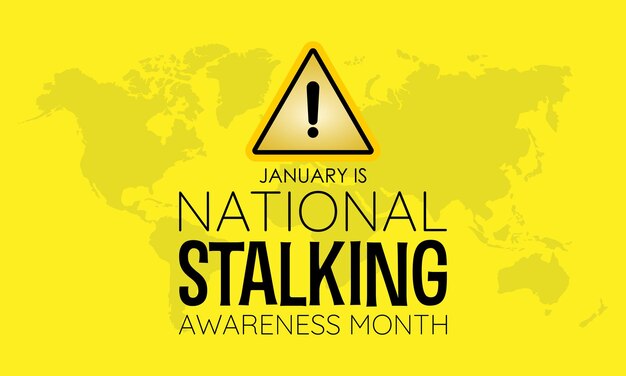 Modello vettoriale del mese nazionale di consapevolezza dello stalking sensibilizzazione e promozione della sicurezza con la prevenzione e il supporto dello stalking grafica di sfondo poster di banner card