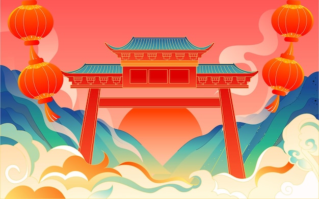 National tide ancient architecture event illustration spring festival chinese style festival