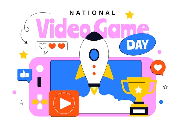 national video game day vector illustration featuring a modern game console professional gamer setup and live streaming concept background