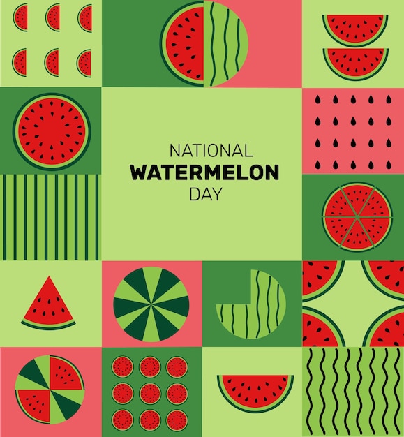 National Watermelon Day.  A whole watermelon with slices with seeds. Vector illustration. geometric