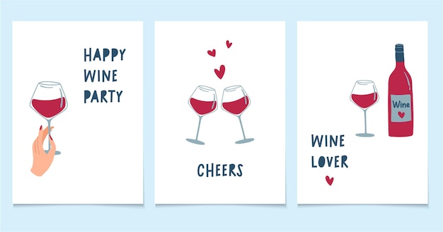 National Wine Day Hand holding glass with red wine bottle and hearts Set of greeting cards