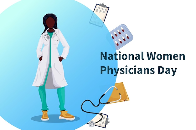 National Women Physicians Day.Woman doctor in a dressing gown. Template for banner, advertisement.