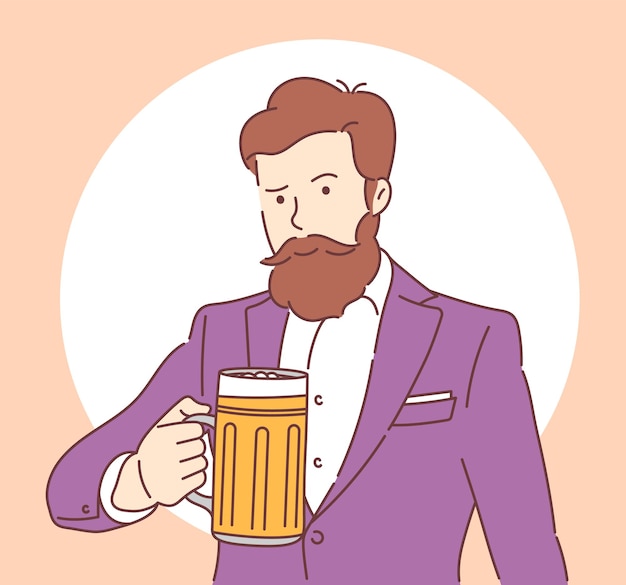 Nationale bierdag vrolijke man met een baard in pak met een mok bier platte vectorillustratie