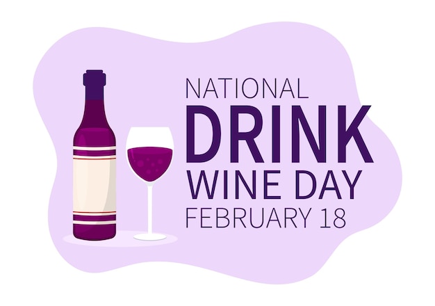 Nationale drinkwijndag op 18 februari met glas druiven en fles in platte stijlillustratie