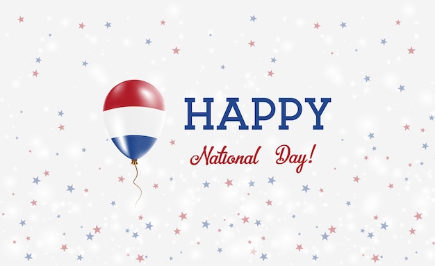 Nationale feestdag patriottische poster. vliegende rubberen ballon in de kleuren van de nederlandse vlag. nederland nationale feestdag achtergrond met ballon, confetti, sterren, bokeh en sparkles.