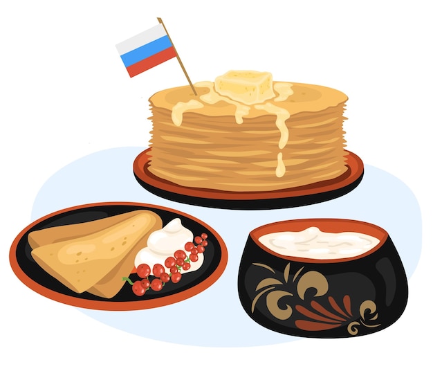 Vector nationale russische keuken heerlijke dunne pannenkoeken met zure room vectorillustratie in cartoonstijl kan worden gebruikt voor menu's recepten toepassingen