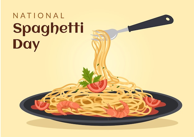 Nationale spaghettidag met een bord Italiaanse noedels of pasta verschillende gerechten in illustratie