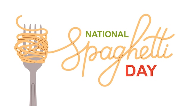 Nationale Spaghettidag. Spaghetti Woord, Pasta en Vork. Vector illustratie