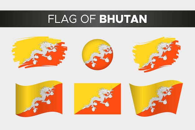 Nationale vlag van Bhutan in penseelstreek golvende cirkel knopstijl en plat ontwerp