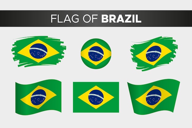 Nationale vlag van Brazilië in penseelstreek golvende cirkel knopstijl en plat ontwerp