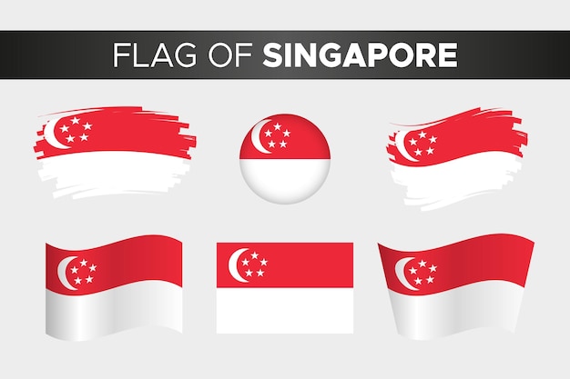Nationale vlag van singapore in penseelstreek golvende cirkel knopstijl en plat ontwerp