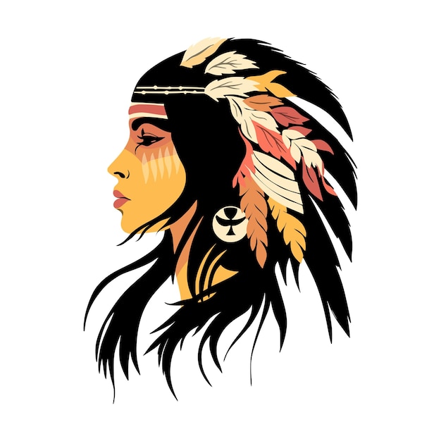 Native American Indian Beautiful Woman Face Etnische Peru Azteekse Navajo vector portret met veren decoratie