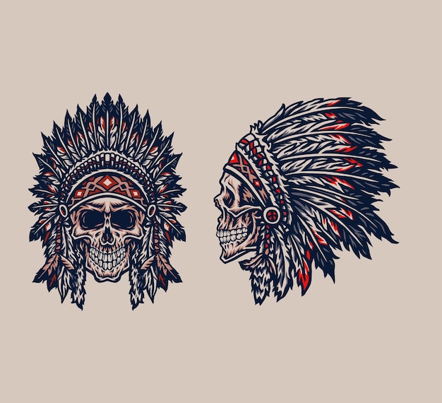 Native american indian chief skull, hand getrokken lijnstijl met digitale kleur