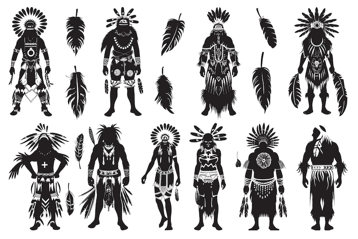 Vector native american indian costume black silhouette young woman in costume of american indian