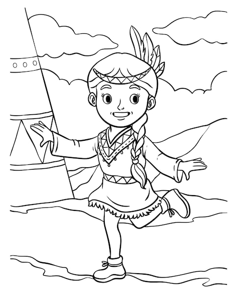 Native american indian girl dancing coloring page