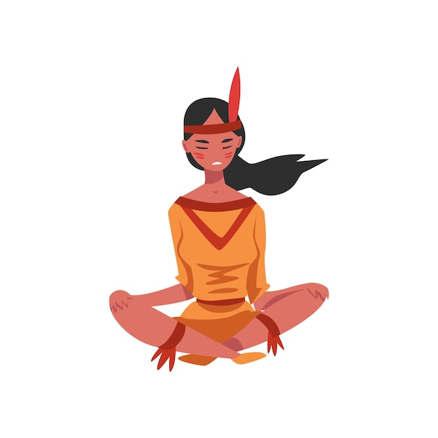 Vector native american indian girl sitting with her legs crossed young woman in traditional ethnic clothes