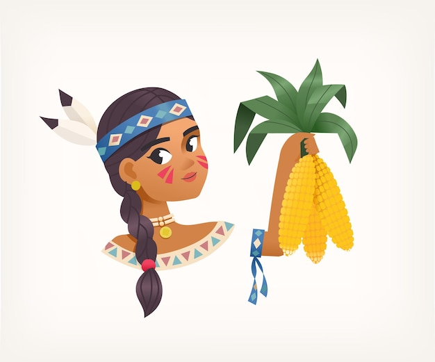 Индейская девушка в традиционной одежде держит в руках початки кукурузы, празднуя