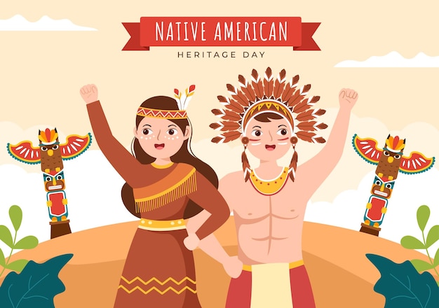 Native american indian heritage day template hand drawn cartoon flat illustration