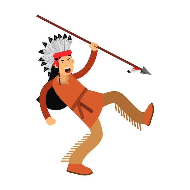 Native american indian in klederdracht en hoofddeksels lopen met speer vector illustratie geïsoleerd op een witte background