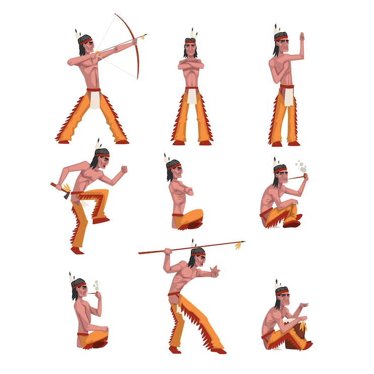 Vector native american indian man in different situations set tribe member in traditional ethnic clothes and headband with feather vector illustration isolated on a white background