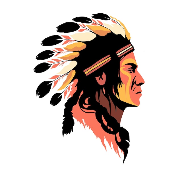 Native American Indian Man Face Ethnic Peru Aztec Navajo vector portrait with feather decoration People drawing