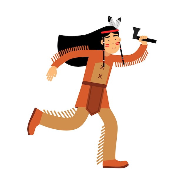 Native american indian meisje in klederdracht rinning met tomahawk vector illustratie geïsoleerd op een witte background