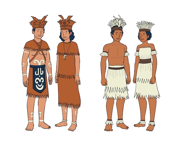 Native american indian men and women in traditional costume Vector illustration