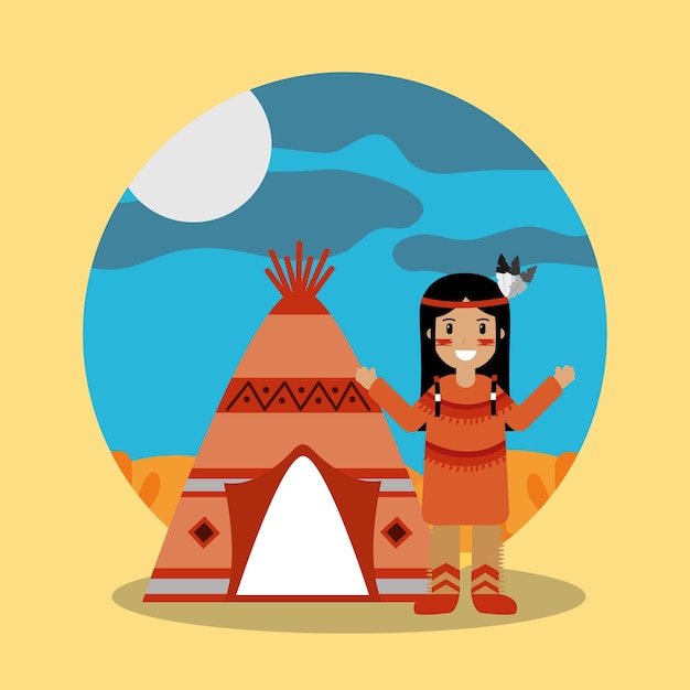 Vector native american indian standing teepee landscape