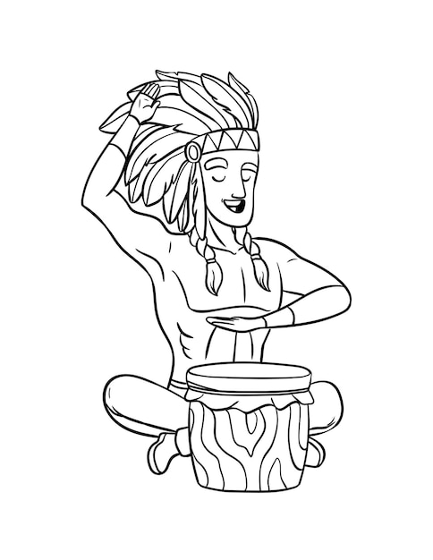 Native American Indian with Drum Isolated Coloring