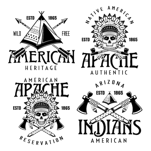 Vettore indiani nativi americani set di quattro vettore vintage emblemi etichette distintivi o loghi in stile monocromatico isolato su priorità bassa bianca