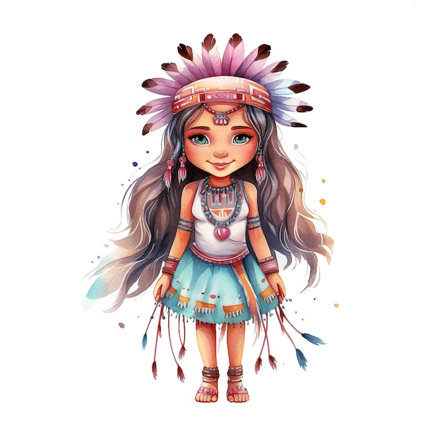 Native American little girl watercolor paint