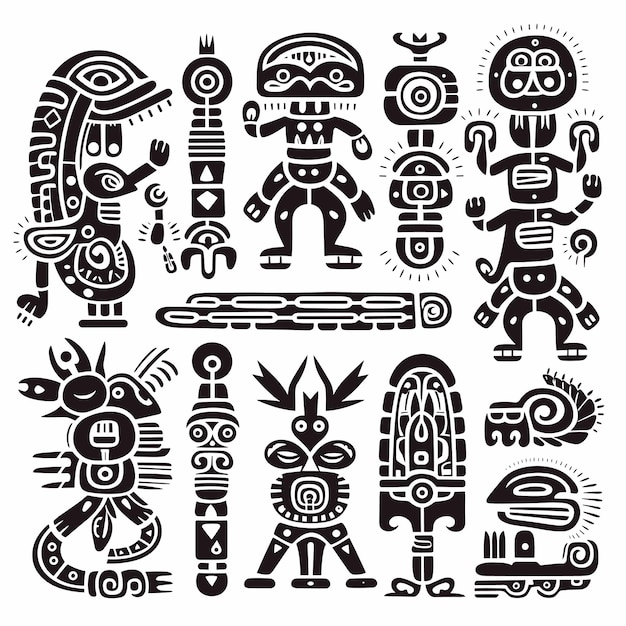 Vector native american symbols aztec maya inca figurines of native american tribes tattoo vector set