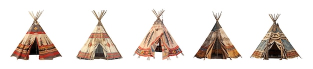 Векторный набор палатки коренных американцев изолирован на белом фоне