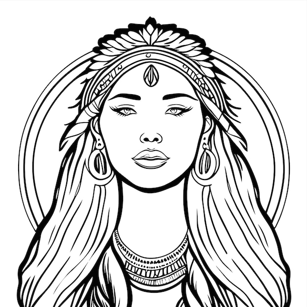 Native American tribal chief Indigenous woman hand drawn flat stylish cartoon sticker icon concept