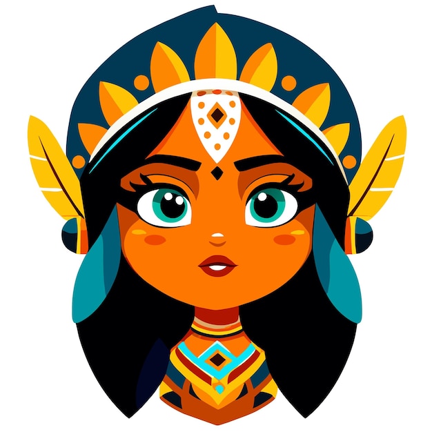 Native american tribal chief indigenous woman hand drawn flat stylish cartoon sticker icon concept