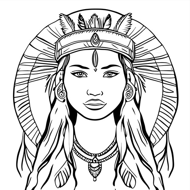 ベクトル ネイティブアメリカンの部族の首長先住民族の女性手描きの平らなスタイリッシュなアニメのステッカーアイコンコンコンセプト