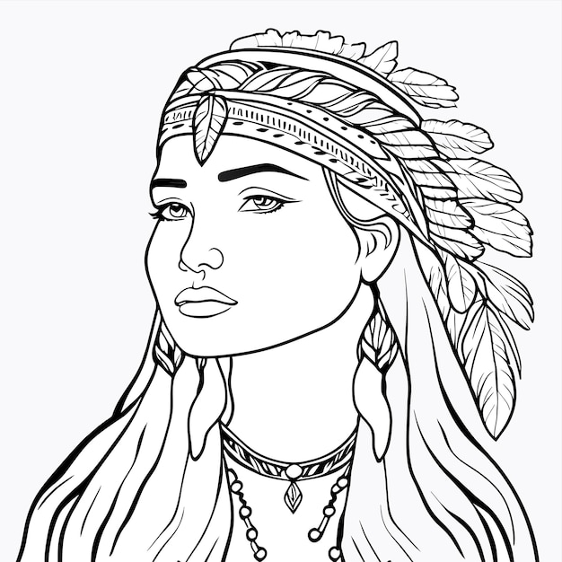 Vector native american tribal chief indigenous woman hand drawn flat stylish cartoon sticker icon concept