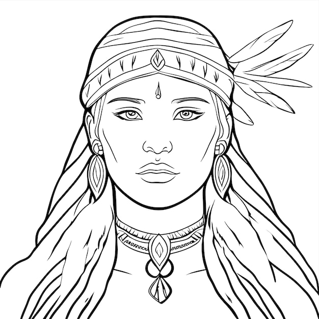 Native American tribal chief Indigenous woman hand drawn flat stylish cartoon sticker icon concept