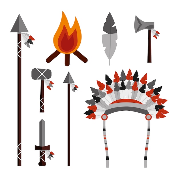 Native american weapons tools icons set